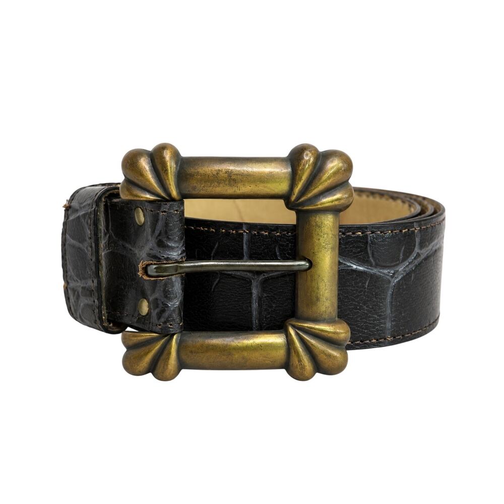 Vintage Black Genuine Leather Croc Embossed Bronze Buckle Belt Small Medium